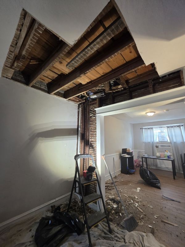 Damaged plaster ceiling removed down to the joists